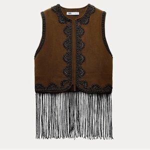 Zara Brown Beaded Fringe Vest